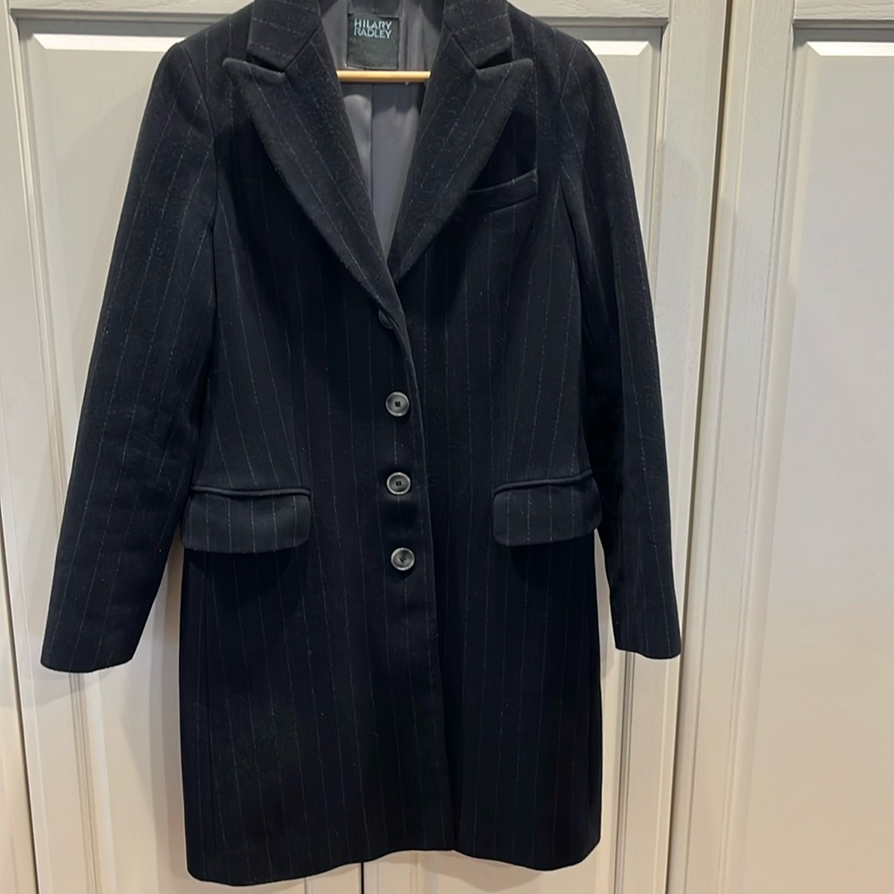 Lady’s Hilary Radley wool/poly blend  coat.Dk navy, faint white pinstripe